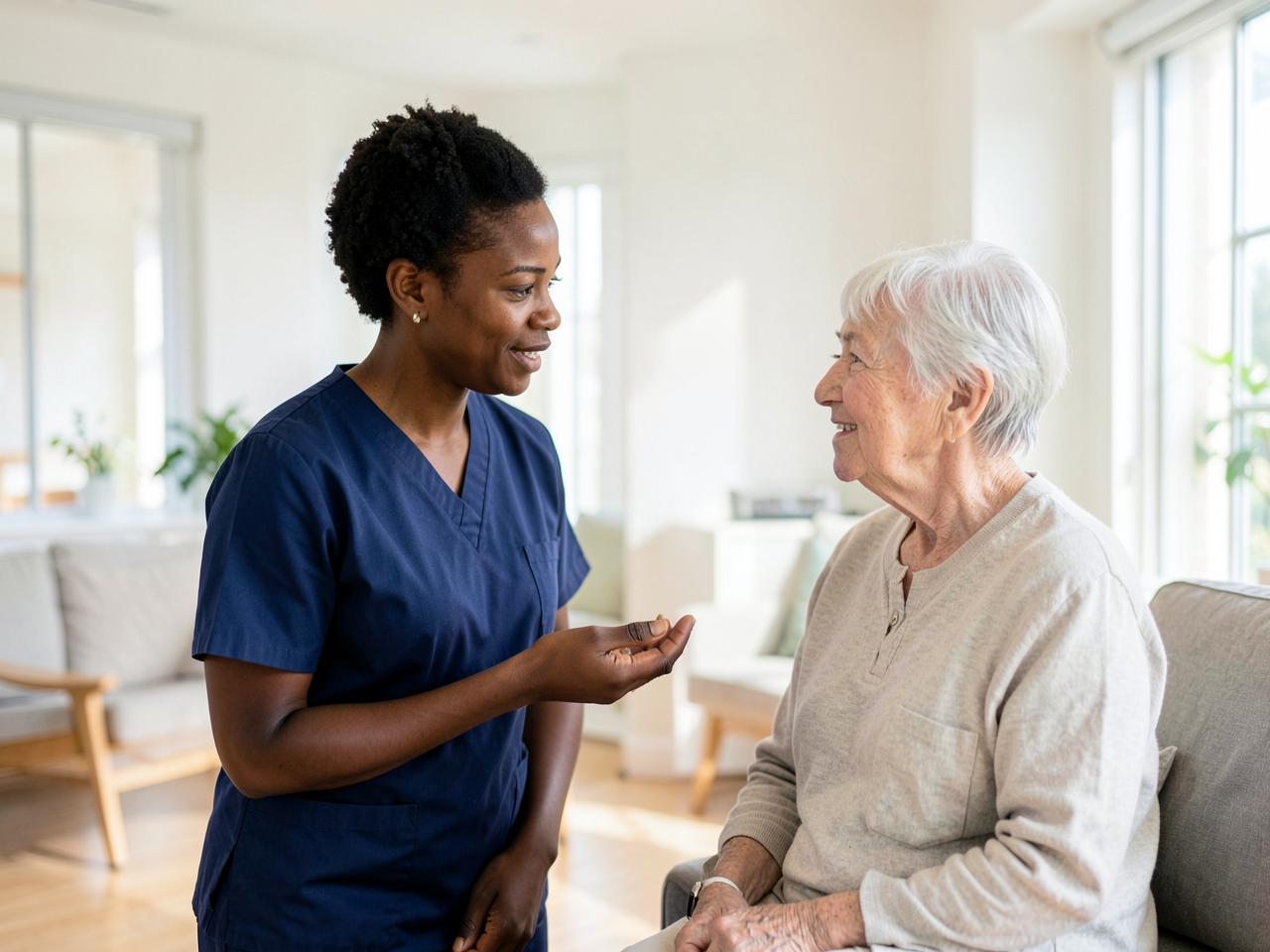 A care worker speaking with an older person in a care setting